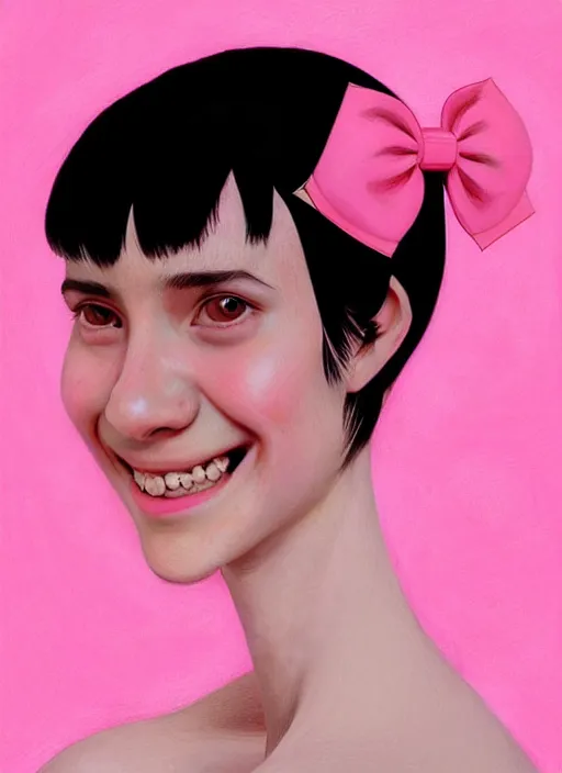 Image similar to portrait of high school girl, realistic, black hair, bangs, half updo hairstyle, pointy nose, skinny, smile, ugly, defined jawline, big chin, pink hair bow, earrings, intricate, elegant, glowing lights, highly detailed, digital painting, artstation, sharp focus, illustration, art by wlop, mars ravelo and greg rutkowski