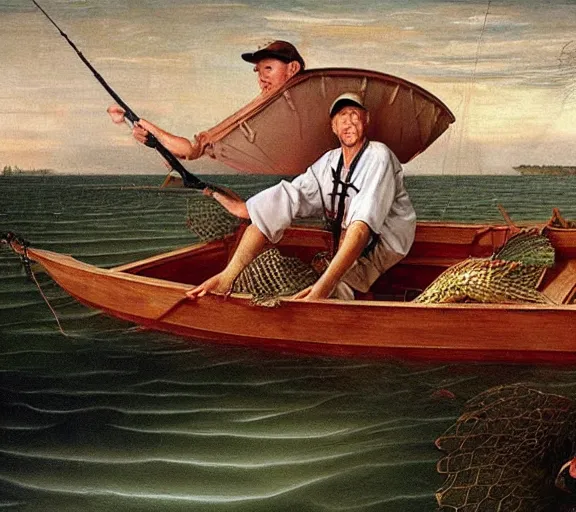 Image similar to Tom hanks as forrest gump fishing for shrimp in a giant shrimp boat, realistic face, renaissance painting, amazing detail