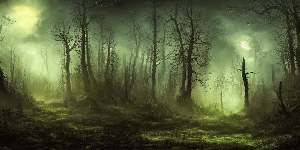 Image similar to beautiful matte painting of a fantasy dark forest at night