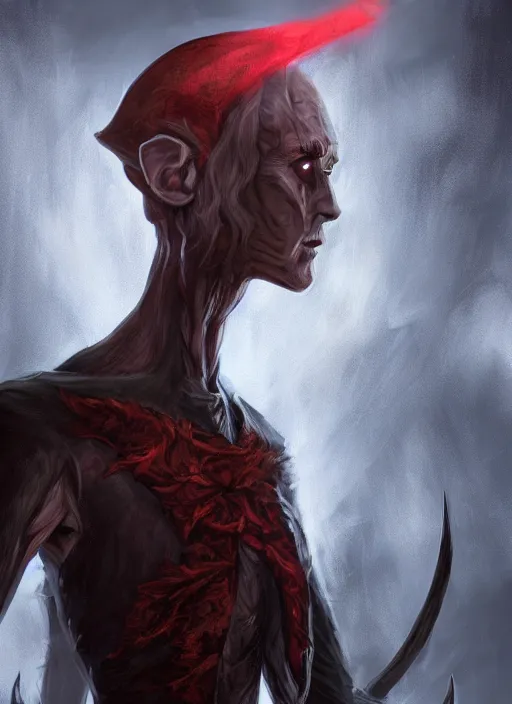 Prompt: A fantasy comic book style portrait painting of a slender grey elf with red eyes as a Sorcerer in a atmospheric dark fortress, unreal 5, DAZ, hyperrealistic, octane render, RPG portrait, ambient light, dynamic lighting