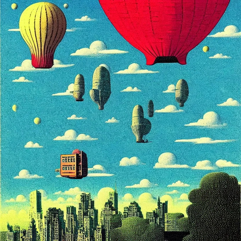 Prompt: surreal glimpse into other universe, mahanakorn tower with airship floating n the sky, summer morning, very coherent and colorful high contrast, art by!!!! rene magritte!!!!, geof darrow, floralpunk screen printing woodblock, dark shadows, hard lighting, stipple brush technique,