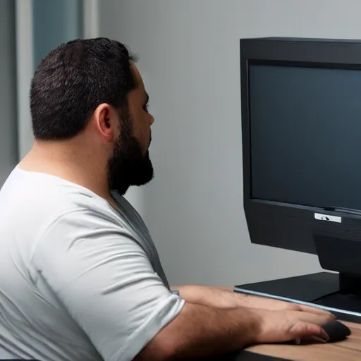 Prompt: fat man looking at his computer screen