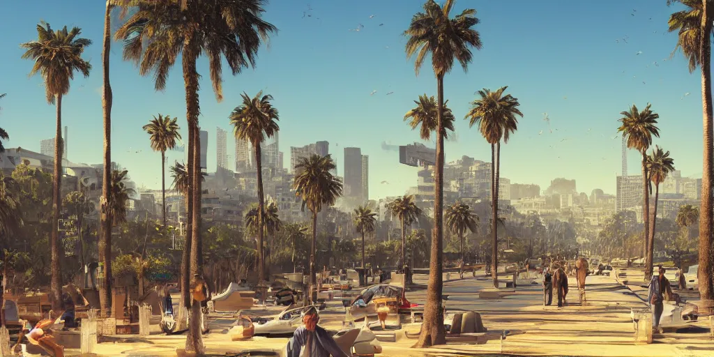 Image similar to landscape of the beautiful city of paris rebuilt near the pacific ocean in sunny california, amazing weather, sandy beach, palm trees, splendid haussmann architecture, digital painting, highly detailed, intricate, without duplication, art by craig mullins, greg rutkwowski, concept art, matte painting, trending on artstation, octane render, 8 k, unreal engine