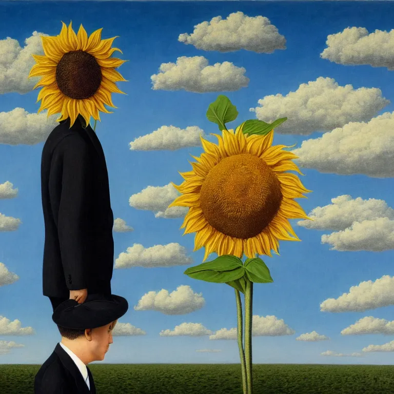 Image similar to portrait of a faceless sunflower - head man in a suit, clouds in the background, by rene magritte, detailed painting, distance, centered, hd, hq, high resolution, high detail, 4 k, 8 k