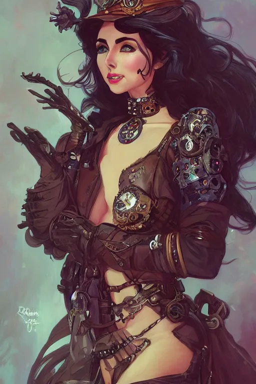 Image similar to evil elizabeth taylor steampunk half - cyborg cowgirl, pelt coats, high fantasy, dnd, smooth, sharp focus, illustration, highly detailed, digital painting, artstation, concept art, by rossdraws, alphonse mucha, frank fanzzeta, collectible card art