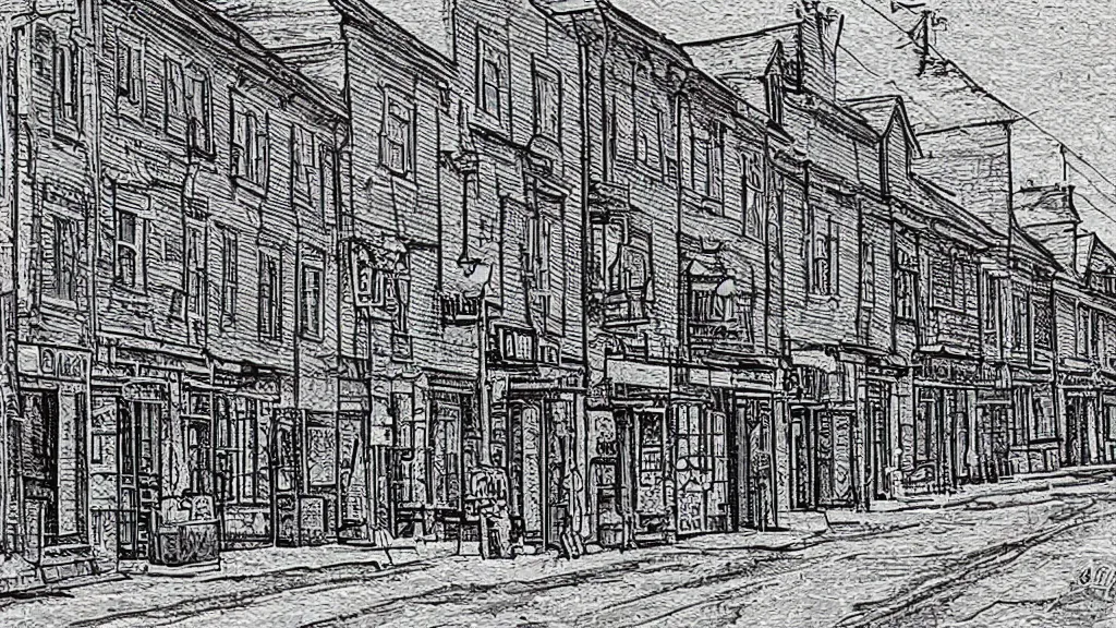 Prompt: a street of a small town. hatching art style.