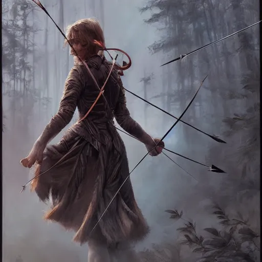 Image similar to portait of a emma watson archer shooting arrow at forest monster, front game card, drark, marvel comics, dark, intricate, highly detailed, smooth, artstation, digital illustration by ruan jia and mandy jurgens and artgerm and wayne barlowe and greg rutkowski and zdislav beksinski