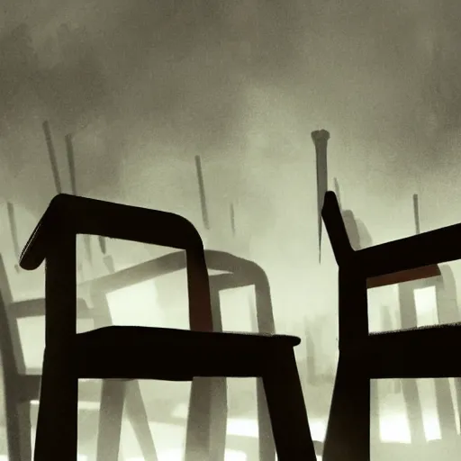 Image similar to an ominous circle of chairs, poster art, atmospheric, concept art, in the style of magic the gathering, dramatic lighting, plain wooden chairs