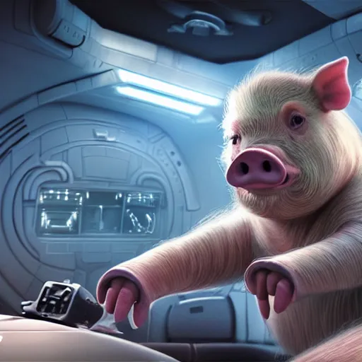 Prompt: hyperrealistic pig piloting millennium falcon, stunning 3 d render inspired by istvan sandorfi & xiang duan, perfect symmetry, dim volumetric cinematic lighting, 8 k octane comprehensive render, extremely mega hyper - detailed and lifelike attributes & atmosphere, intricate, realistic flesh texture, masterpiece, artstation, stunning,