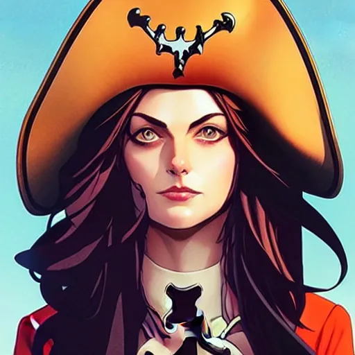 Prompt: Joshua Middleton comic art, pretty female Phoebe Tonkin, pirate, black eye patch covering left eye, evil smile, pirate clothing, long wavy black hair, full body:: sunny weather::