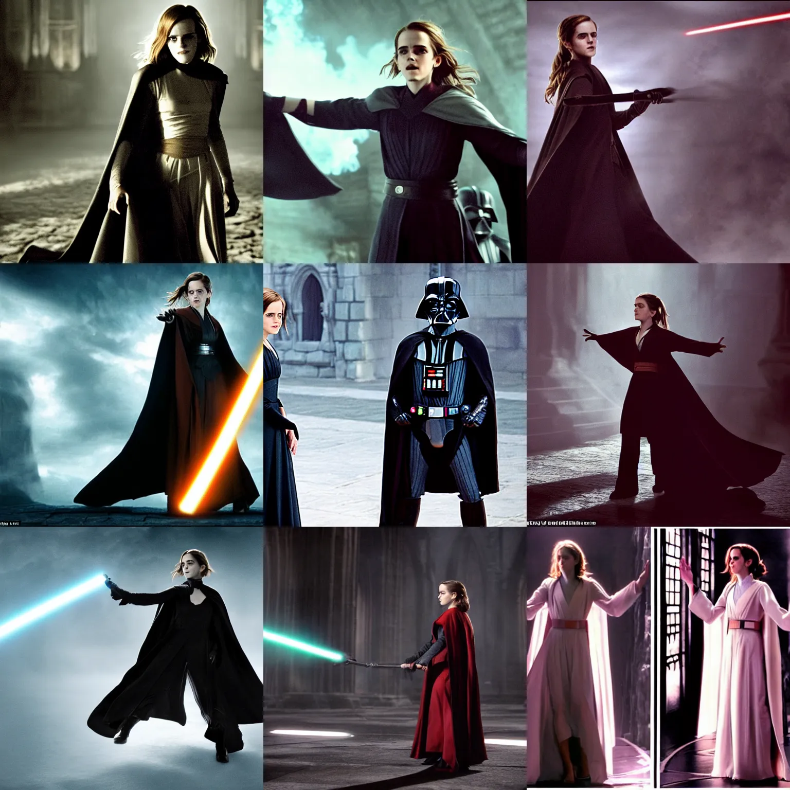 Prompt: Emma Watson wearing Hogwarts robes, casting a spell on Darth Vader, film still, cinematic, epic, dramatic lighting