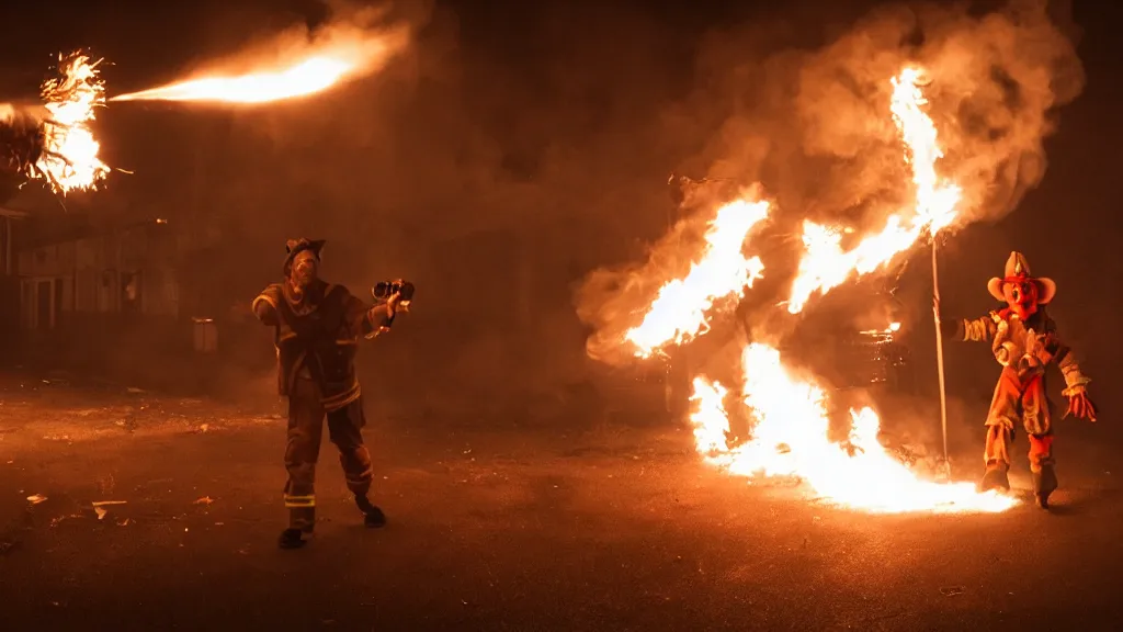 Prompt: photo of a clown using a flamethrower. In the background there is a dumpster fire. award-winning, highly-detailed, 8K