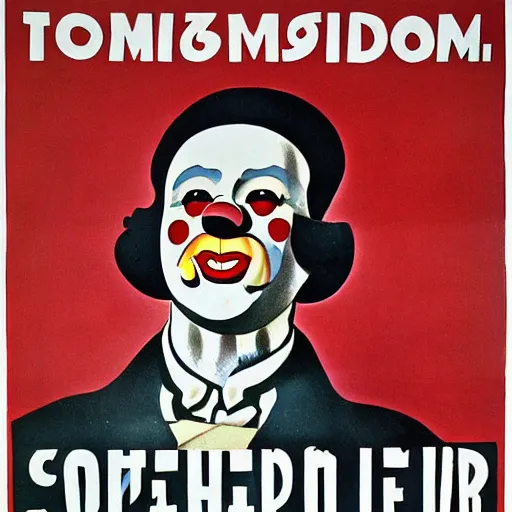 Image similar to communist clown painting, soviet propaganda style poster