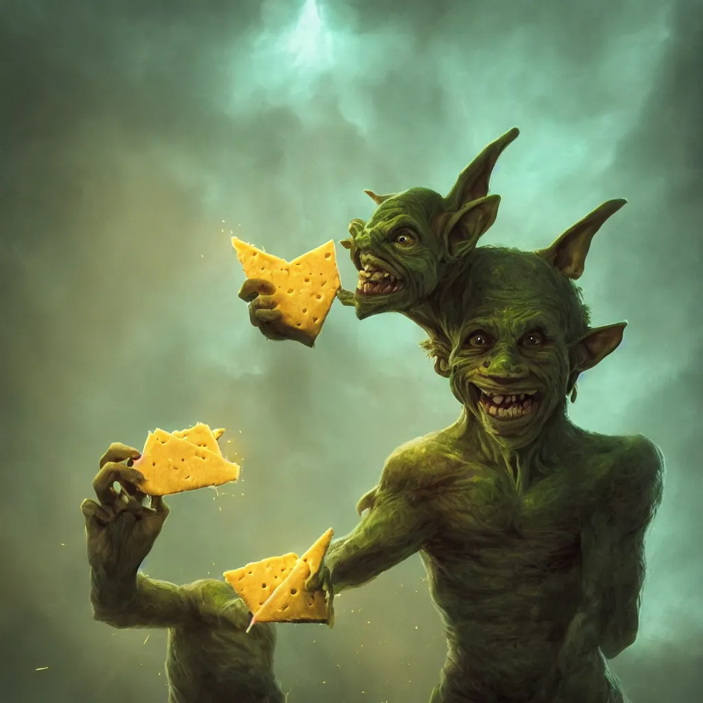 Image similar to Photorealistic fantasy portrait of one single D&D goblin holding a triangle of Swiss Cheese. Ominous green mist in the background. Magical occult photorealism, UHD, amazing depth, glowing, golden ratio, 3D octane cycle unreal engine 5, volumetric lighting, cinematic lighting, cgstation artstation concept art
