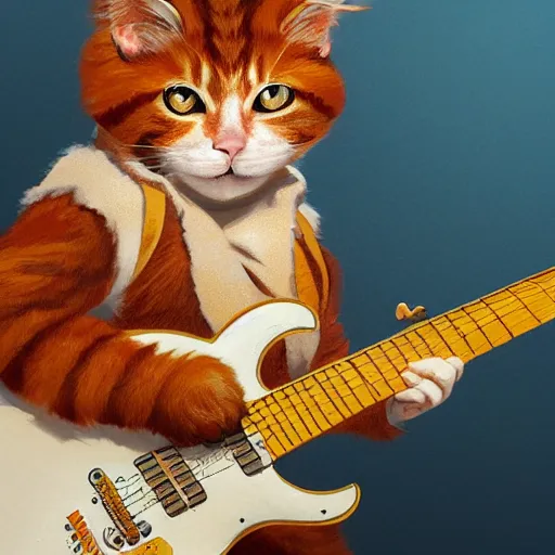 Image similar to a ginger cat dressed like a hardrocker playing electric guitar, cinematic lighting, highly detailed, digital painting, artstation, concept art, smooth, sharp focus, illustration, art by Terry Moore and Greg Rutkowski and Alphonse Mucha