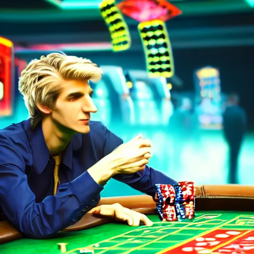 Image similar to film still of xqc gambling in Vegas, 4k, photorealism, artstation style