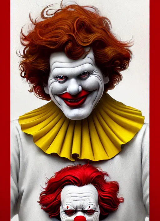 Image similar to close up portrait of ronald mcdonald, red nose and hair, yellow jumper, white collar with red and white striped sleeves by artgerm, cushart krenz, greg rutkowski, mucha. art nouveau. gloomhaven, swirly lunar ripples, pale colors, sharp edges. ultra clear detailed. 8 k. elegant, intricate, octane render