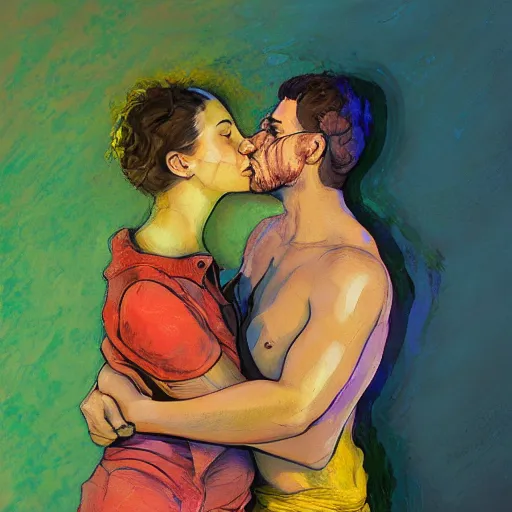 Prompt: of a man and woman holding each other kissing hugging intimately in the style of disco elysium, expressionism, artstation, trending, by aleksander rostov, jenny saville, rembrandt, alex kanevsky, wassily kandinsky, dave mckean, yoshitaka amano