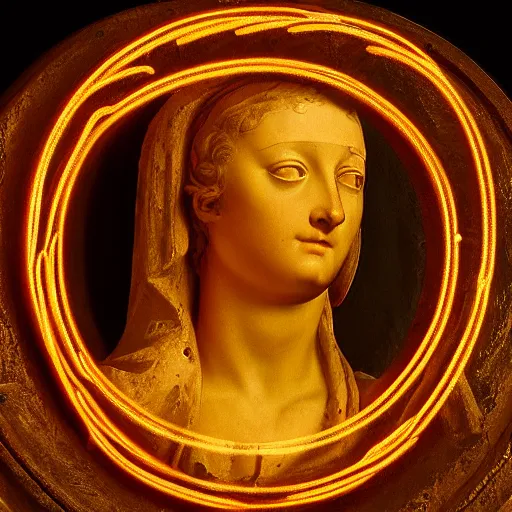 Image similar to a renaissance statue on a neon ring background
