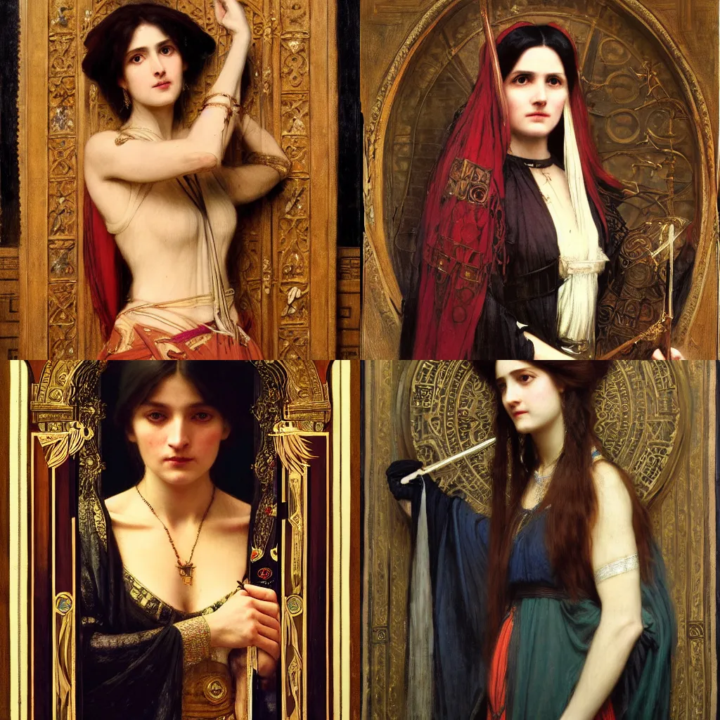 Prompt: orientalist portrait of a tired witch in formal wear holding an oak magic wand intricate portrait by john william waterhouse and Edwin Longsden Long and Theodore Ralli and Henryk Siemiradzki, very coherent symmetrical artwork. Cinematic, hyper realism, high detail 8k