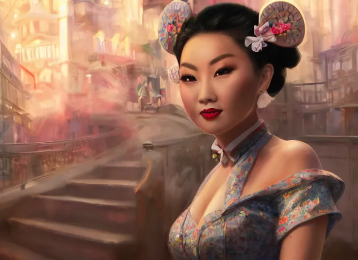 Image similar to beautiful bald chinese woman with pinup girl makeup at disneyland wearing mouse ears, night, epic cinematic hyperrealism masterpiece, realistic poster with shaded lighting by craig mallismo, artgerm, jeremy lipkin and michael garmash, unreal engine, radiant light, detailed and complex environment, octane photoreal 3 d render, art station trends