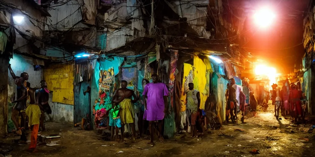 Image similar to lUFO in Ajegunle slums of lagos beaming neon rays of light,