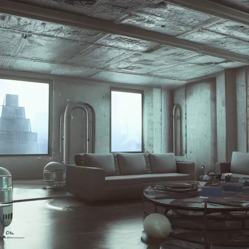 Image similar to Sci fi engine room living room, electric wallpaper, unreal engine 5 tech demo, zillow interior, cool tint, metallic reflective, octane render, Frank Lloyd Wright ((Studio Ghibli))