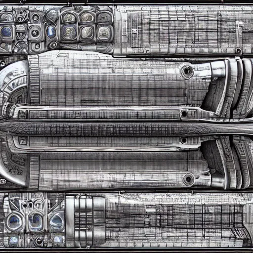Prompt: Impressively detailed blueprint of a futuristic spaceship made in the Medieval style, trending on artstation, high details, tubes and pipes and wires and a lot of other small details, perfect composition, golden ratio