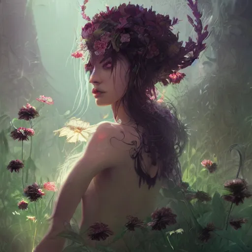 Prompt: Portrait of a dark fantasy nymph, flowers and plants surrounding, stunning, concept art, artstation, dramatic lighting, by Wlop