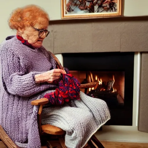 Prompt: an old woman knits a sweater made out of writhing worms in a rocking chair in front of a fireplace, horror movie still