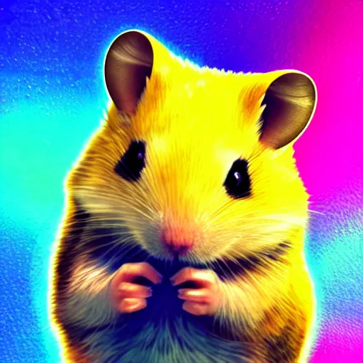 Image similar to cyberpunk hamster! holding rainbow! gem! crystal, neon lights, light reflection, 8 k, hd