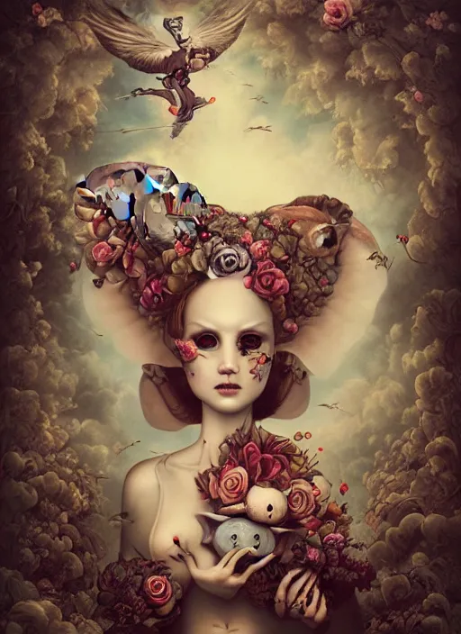 Image similar to pop surrealism, lowbrow art, psychic flying tandem war elephant, rococo, natalie shau, loreta lux, tom bagshaw, mark ryden, trevor brown style,