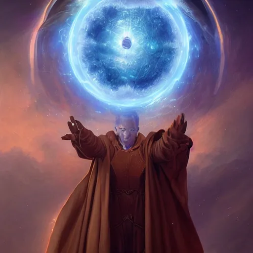 Image similar to the creator of worlds wearing a cloak and holding a holographic planet projection in his hand, detailed, sci - fi, digital painting, artstation, sharp focus, illustration, ominous, artgerm, tomasz alen kopera, peter mohrbacher, donato giancola, joseph christian leyendecker, wlop, frank frazetta