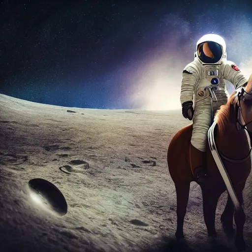 Image similar to professional photo of astronaut riding a horse on the moon, low angle shot, hyperrealistic masterpiece, trending on artstation, cgsociety, kodakchrome, golden ratio, cinematic, composition, beautiful lighting, hyper detailed, octane render, 4 k, unreal engine