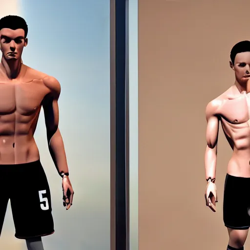 Image similar to a realistic detailed photo of a guy who is an attractive humanoid who is half robot and half humanoid, who is a male android, attractive and handsome soccer players, shiny skin, posing like a statue, blank stare, in a factory, on display, showing off his muscles, wearing soccer shorts, side view, looking at each other mindlessly