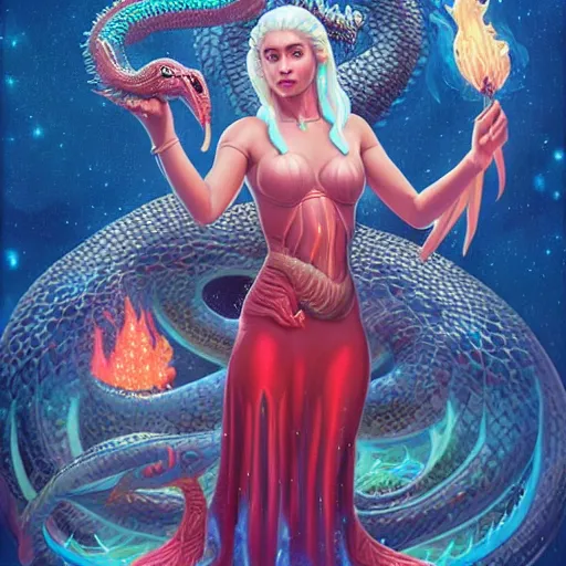 Prompt: cosmic underwater lofi daenerys targaryen portrait with her serpent dragon fire flame, queen of dragons, fire flaming dragon serpent, Pixar style, by Tristan Eaton Stanley Artgerm and Tom Bagshaw.