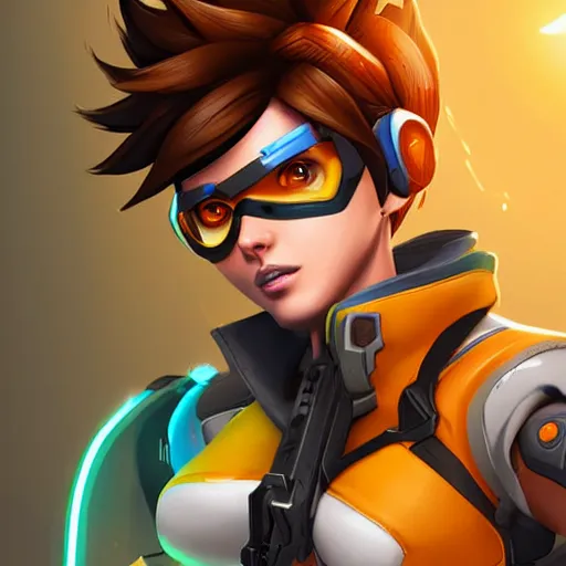 Image similar to beautiful digital artwork of tracer from the game overwatch