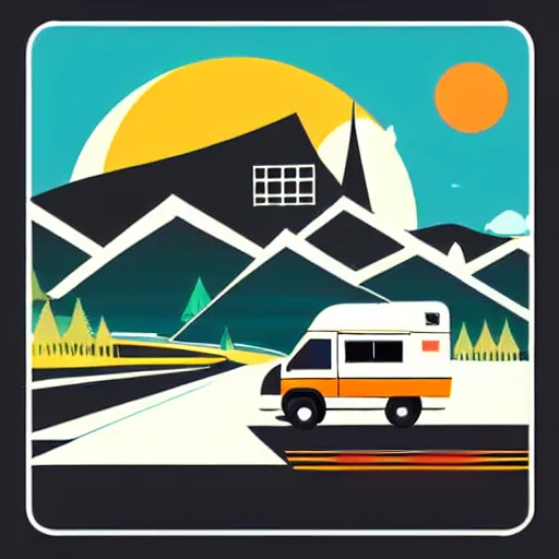 Image similar to vector art of a white and black cute thor chateau! motorhome camper!!, highway, mountains and colorful sunset!!, very very happy, warm, minimal vector art sticker!! by tom whalen, sanja stikovic