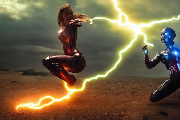 Image similar to vfx marvel sci-fi woman super hero cyborg photo real full body action pose, volumetric lightning, highly detailed, cinematic lighting by Emmanuel Lubezki