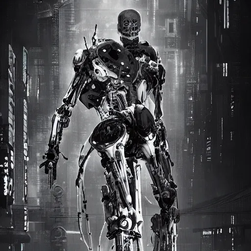Prompt: black and white cyberpunk style dark metal skeleton, mecha hard-surface, hyperrealistic, cinematic, 3D, 8K, imagined by Ash Thorp, tsutomu nihei ghost in the shell akira