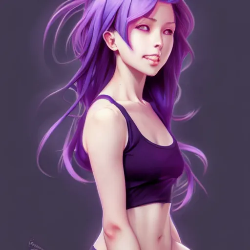 Prompt: beautiful anime girl, hourglass slim figure, purple hair and attractive features, tight fitted tank top, full body portrait, slight smile, highly detailed, digital painting, artstation, concept art, sharp focus, illustration, art by artgerm and greg rutkowski and alphonse mucha