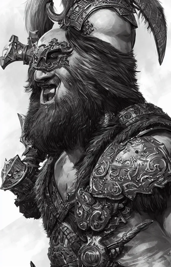 Image similar to an concept art of the barbarian bearded king, red hair, one eye, intricate details, detailed face, detailed armour, artstation, epic pose, ambient light, by david villegas