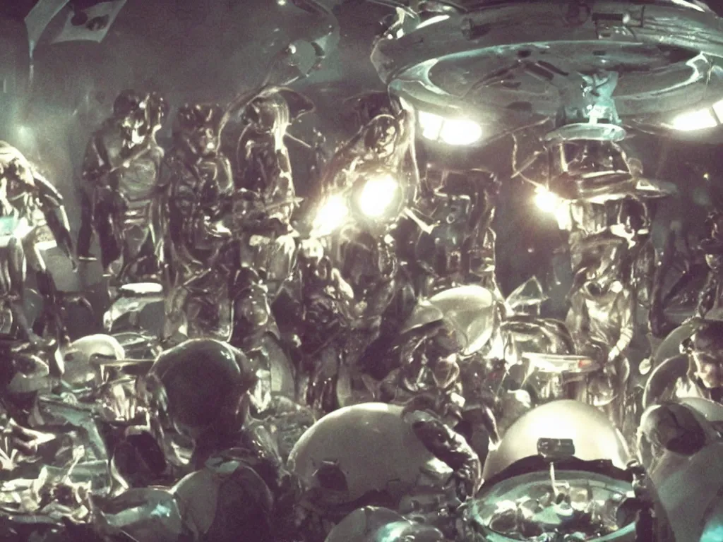 Prompt: a hidden camera shot of aliens having a party inside an ufo, cinematic masterpiece, beautiful lighting