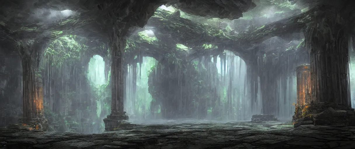 Image similar to a fantasy elven hall interior in the style of a waterfall cave, huge Greek columns, wet floors, high ceiling, dark moody lighting, foggy atmosphere, bright colors, by john howe, octane rendering