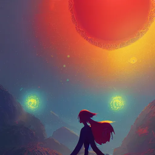 Image similar to optimism, the solarpunk phoenix, red bird, ornate egg, regeneration, landscape, epic composition, volumetric light, bokeh, painting by ilya kuvshinov and by makoto shinkai