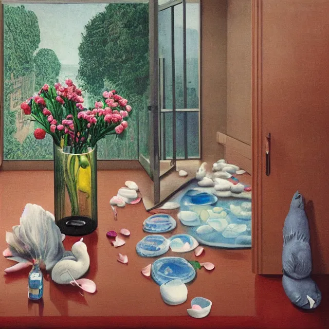 Prompt: pathology student in her apartment, a river flooding inside, medical supplies, pigs, plants in glass vase, pork, water, river, rapids, canoe, pomegranate, berries dripping, waterfall, swans, flower petals, acrylic on canvas, surrealist, by magritte and monet