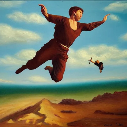 Image similar to Man falling from heaven. Oil painting.