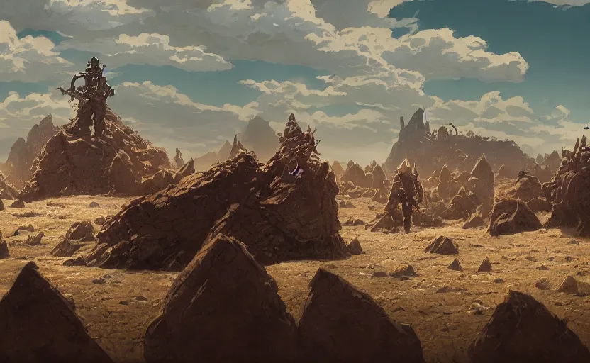 Prompt: flat wastelands, isolated rock spikes, greg rutkowski, brom, james gurney, mignola, craig mullins, alan lee, gustave mucha