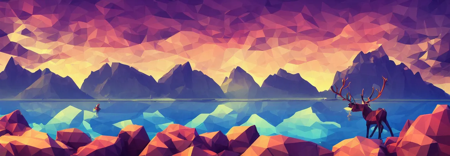 Image similar to super detailed color lowpoly art, northern sunset with rocks on front, lake in the middle of perspective and mountains at background, graphic reindeers in random points, unreal engine, retrowave color palette, 3d render, lowpoly, colorful, digital art