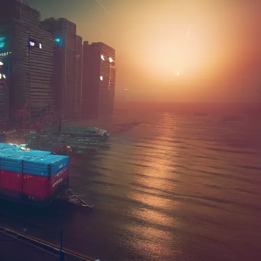 Prompt: an anti-gravity (futuristic container vessel) hovering at port in Night City Cyberpunk 2077, muted cyberpunk style, tranquil, steady, atmospheric, sweltering, autochrome, 8k, reflections, octane render, unreal engine 5